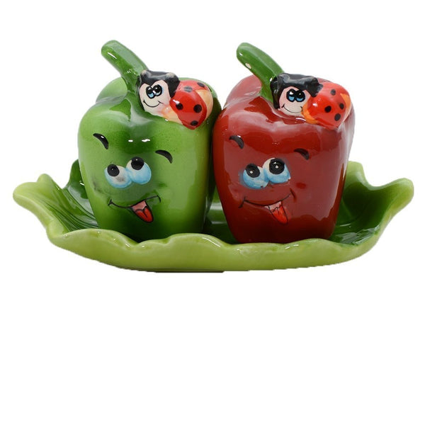 Chili Style Ceramic Salt & Pepper Shaker with Ceramic Tray (BFJ)