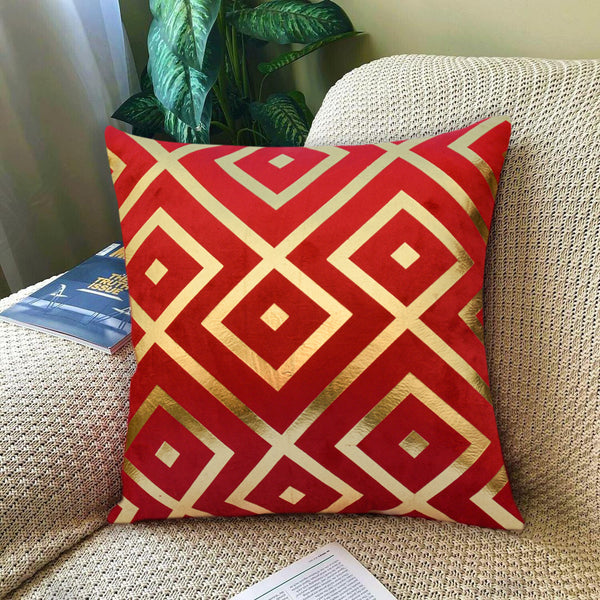 Luxury Foil Print Red and Golden Velvet Cushion 16 x 16 inches 1040001