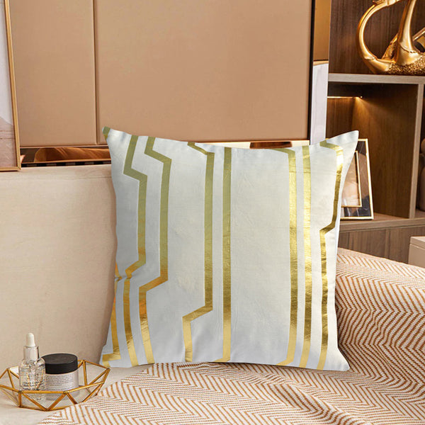Luxury Foil Print Off White and Golden Velvet Cushion 16 x 16 inches 1040110