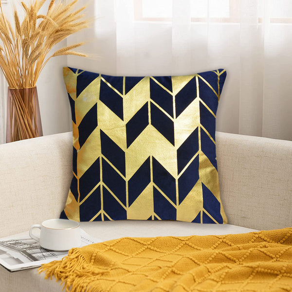 Luxury Foil Print Navy Blue and Golden Velvet Cushion 16 x 16 inches 1040061