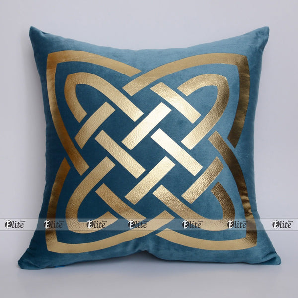 Luxury Foil Print Robbin Blue and Golden Velvet Cushion 16 x 16 inches 1040171