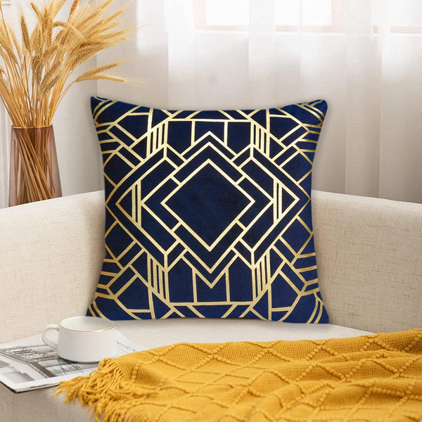 Luxury Foil Print Navy Blue and Golden Velvet Cushion 16 x 16 inches 1040072