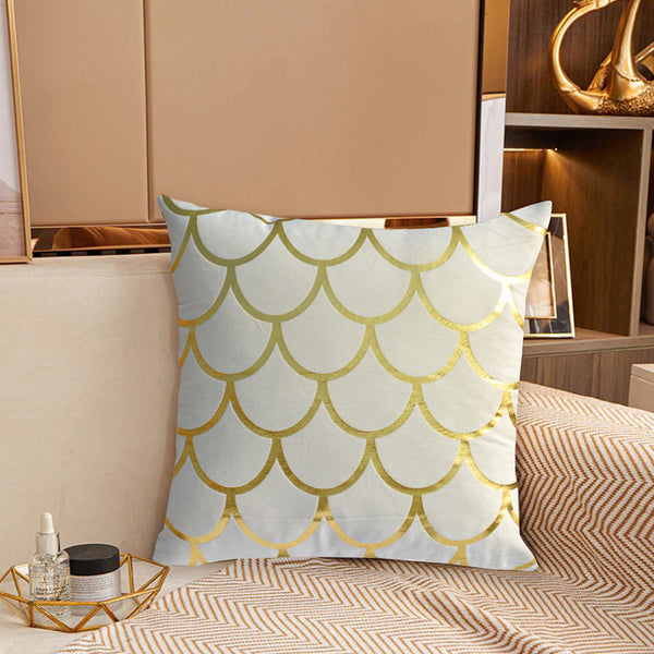 Luxury Foil Print Off White and Golden Velvet Cushion 16 x 16 inches 1040098