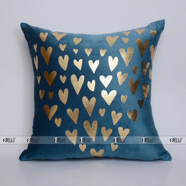 Luxury Foil Print Robbin Blue and Golden Velvet Cushion 16 x 16 inches 1040169