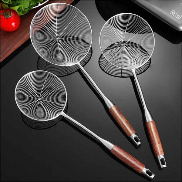 3 Piece Spider Skimmers / Sieve with Wooden Handle for Fried food oil drainage