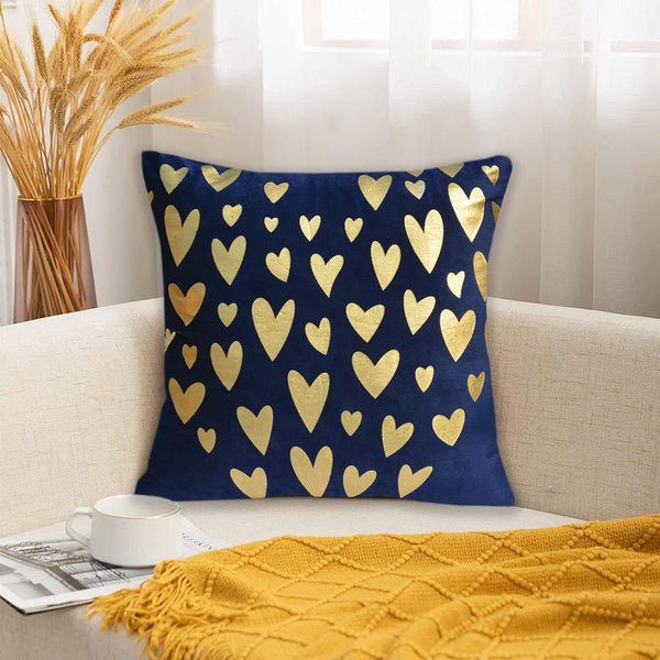 Luxury Foil Print Navy Blue and Golden Velvet Cushion 16 x 16 inches 1040062