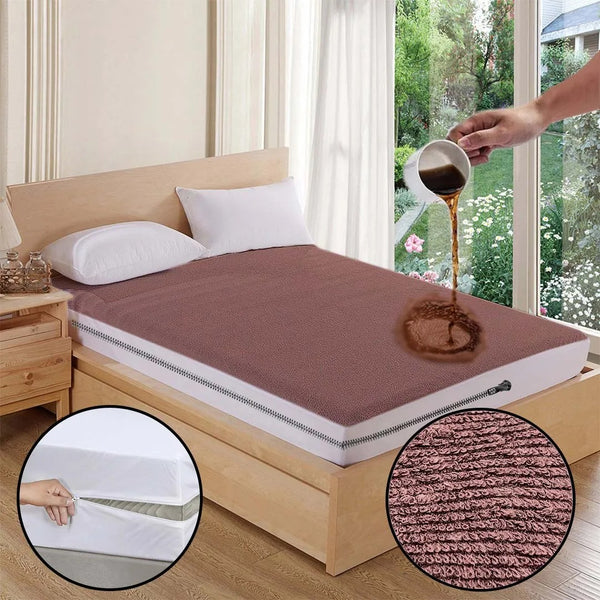 Premium Terry Cotton 100% Waterproof Zipper Mattress Protector In Brown Color