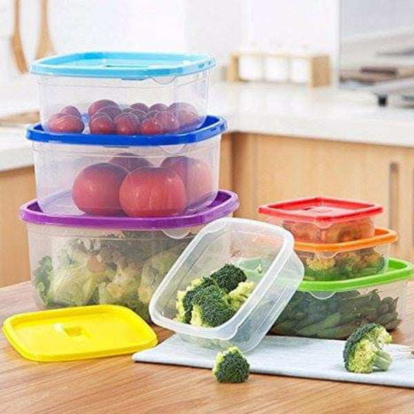 7PCS Clear Plastic Food Storage Box Container Set With Multi Color Lids-Rectangle