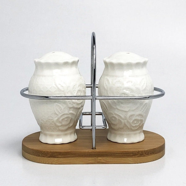 Curvy Stylish Ceramic Salt & Pepper Shaker Set With Bamboo Tray (CCJ)