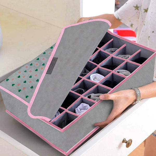 24 Grids Non-Woven Socks Organizer With Lid / Storage Box For Socks & Under Garments