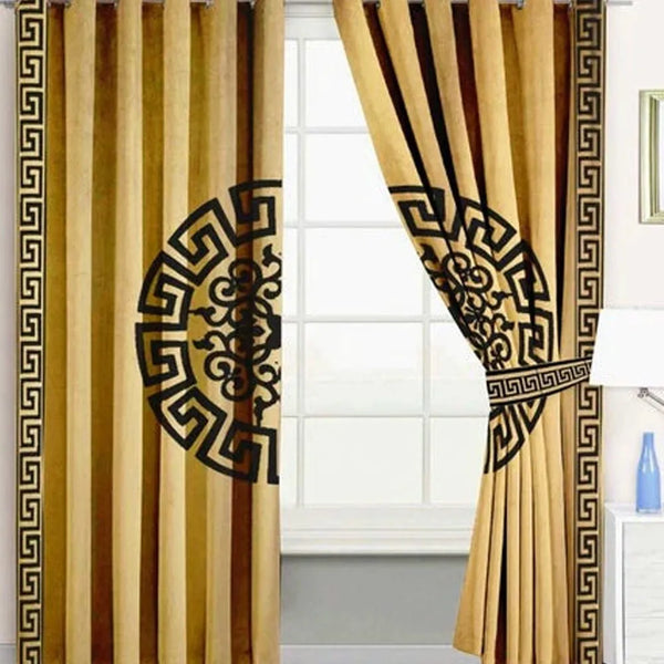 Pair of Versace Velvet Eyelet Curtains Black On Beige With Tie Belts