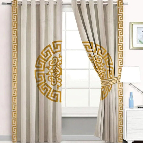 Pair of Versace Velvet Eyelet Curtains White On Black With Tie Belts