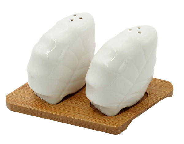 3 Piece Set Ceramic Leaf Figurine Salt And Pepper Shakers Leaves Set Bamboo Tray