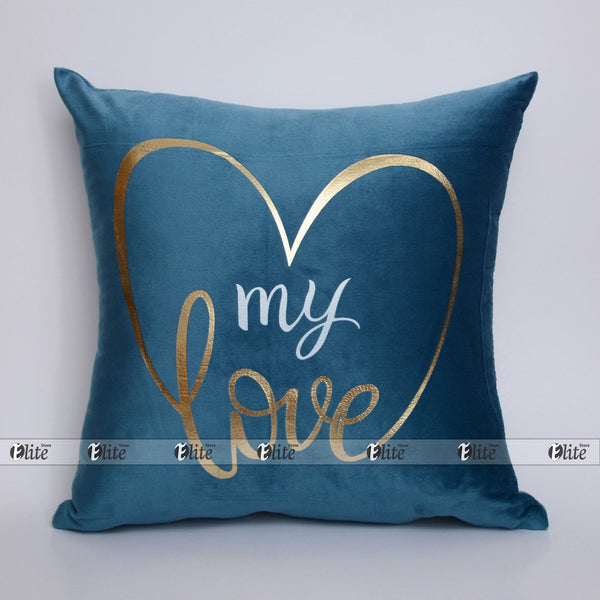 Luxury Foil Print Robbin Blue and Golden Velvet Cushion 16 x 16 inches 1040180