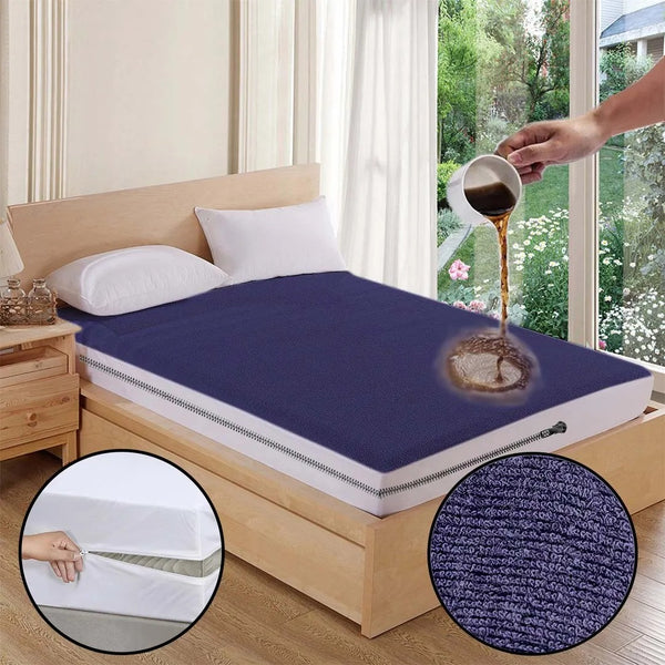 Premium Terry Cotton 100% Waterproof Zipper Mattress Protector In Blue Color
