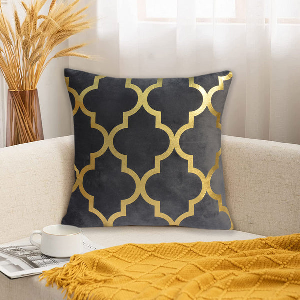 Luxury Foil Print Grey and Golden Velvet Cushion 16 x 16 inches 1040083