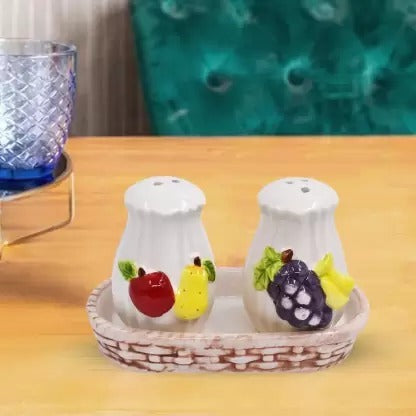 Ceramic Salt and Pepper Set with tray, Fruits Design, White