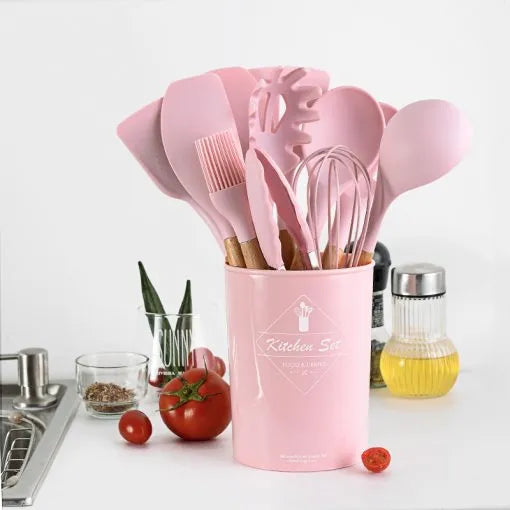 12 Pieces Silicone Cooking Set Non-stick Spatula Shovel Wooden Handle Cooking Tools Set.