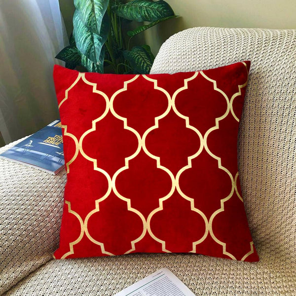 Luxury Foil Print Red and Golden Velvet Cushion 16 x 16 inches 1040003