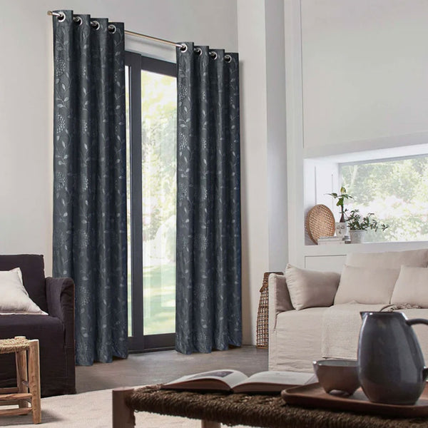Pair Of Embossed Velvet Eyelet Curtain- Grey Color