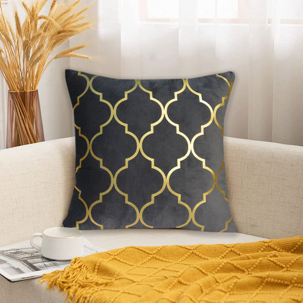 Luxury Foil Print Grey and Golden Velvet Cushion 16 x 16 inches 1040090