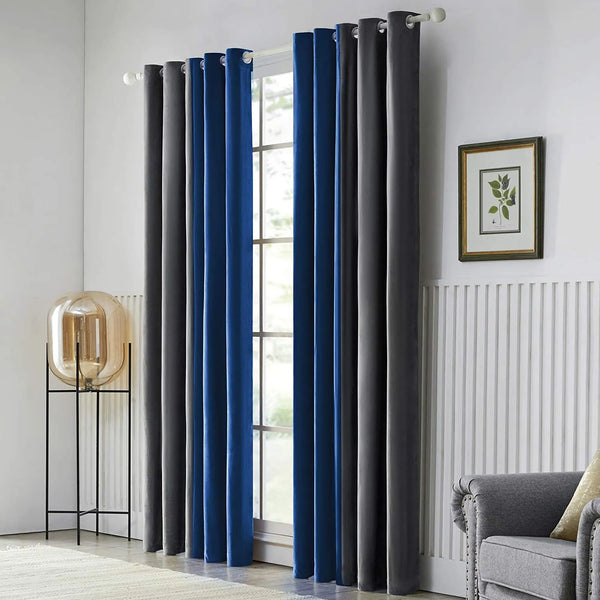 Pair Of Premium Velvet Eyelet Curtain Blue & Grey
