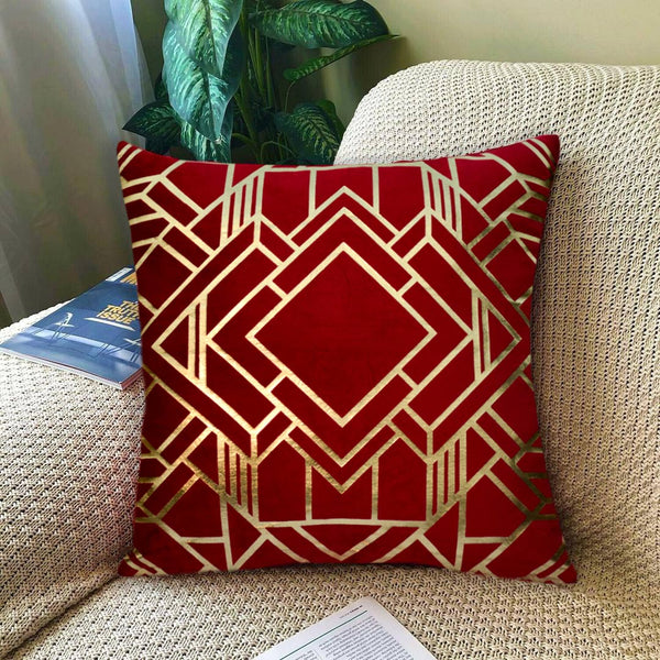 Luxury Foil Print Red and Golden Velvet Cushion 16 x 16 inches 1040008