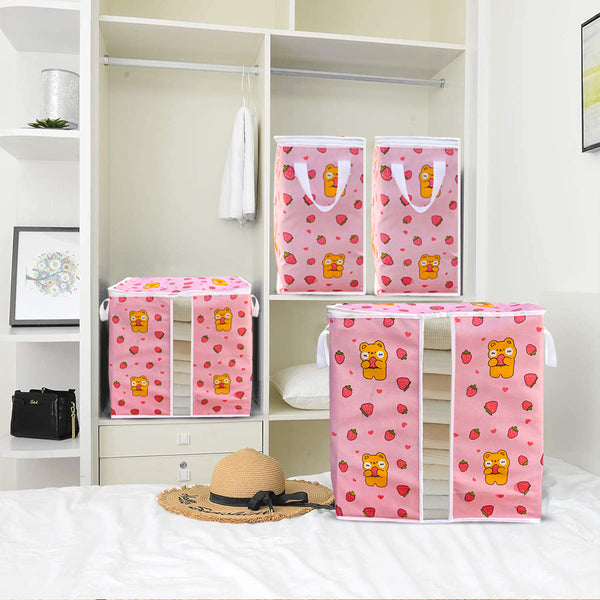 120 & 110 GSM Non Woven Pink Storage Bag In Strawberry & Bear Print