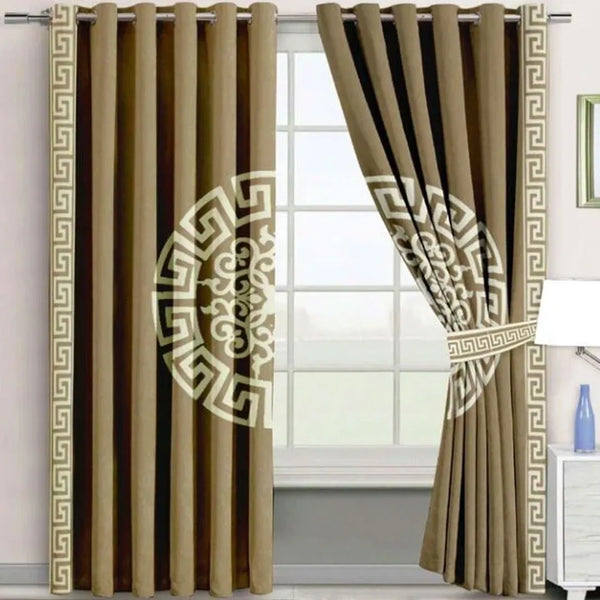 Pair of Versace Velvet Eyelet Curtains White On Brown With Tie Belts